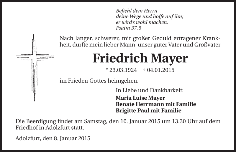  Traueranzeige für Friedrich Mayer vom 08.01.2015 aus 