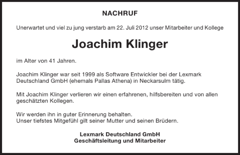  Traueranzeige für Joachim Klinger vom 30.07.2012 aus 