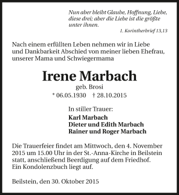 Traueranzeige von Irene Marbach 