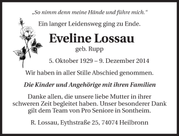 Traueranzeige von Eveline Lossau 