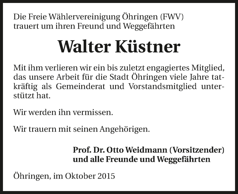  Traueranzeige für Walter Küstner vom 29.10.2015 aus 