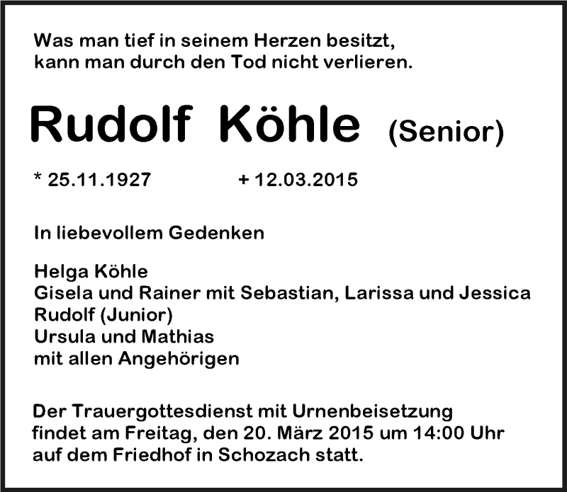  Traueranzeige für Rudolf Köhle vom 17.03.2015 aus 