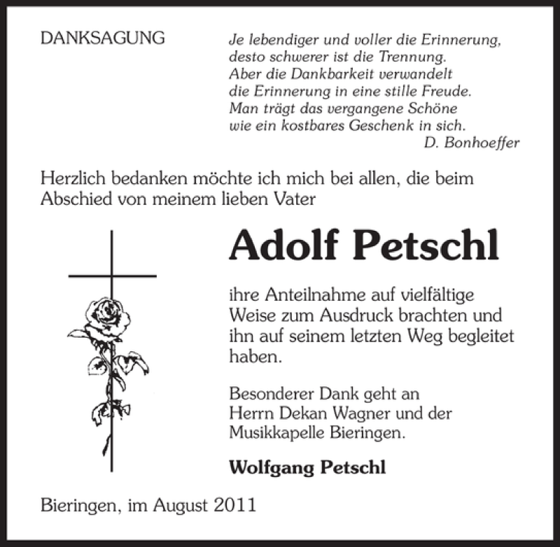  Traueranzeige für Adolf Petschl vom 31.08.2011 aus 