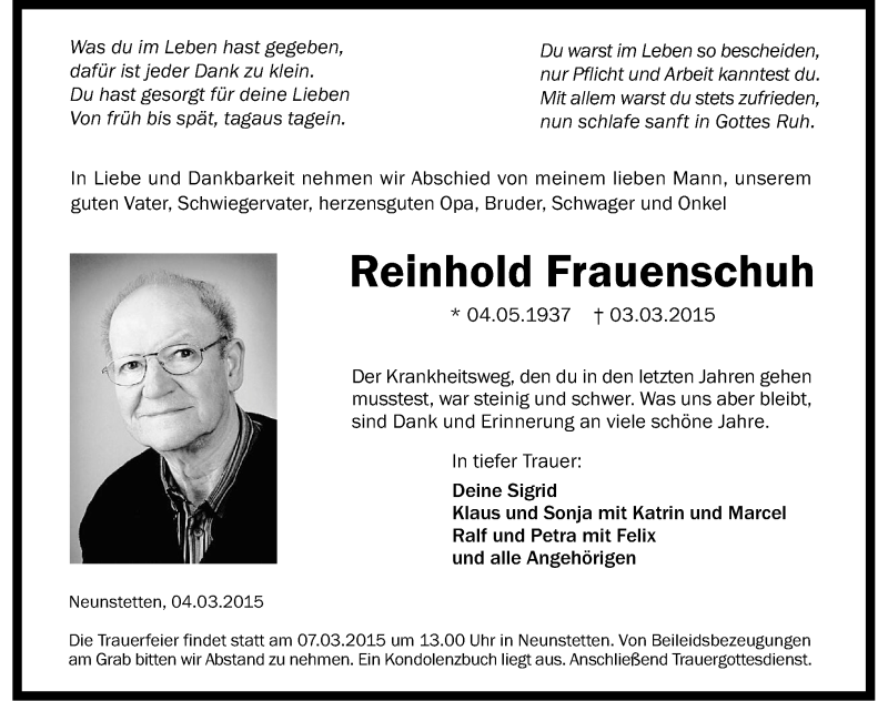  Traueranzeige für Reinhold Frauenschuh vom 05.03.2015 aus 