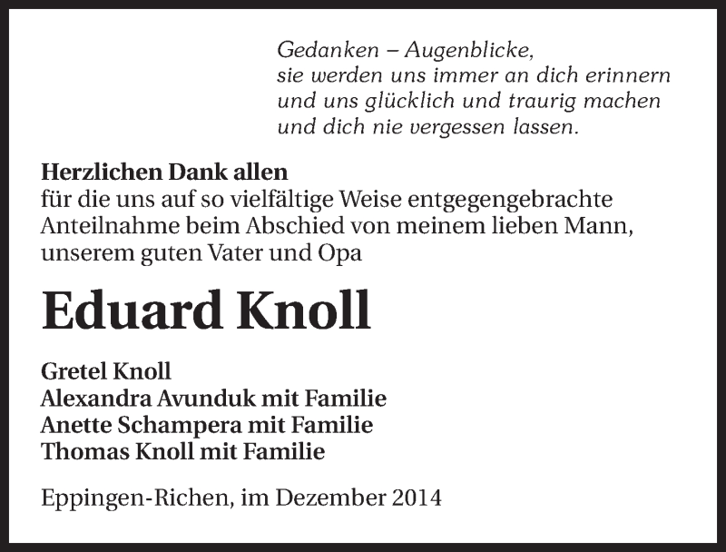  Traueranzeige für Eduard Knoll vom 02.01.2015 aus 