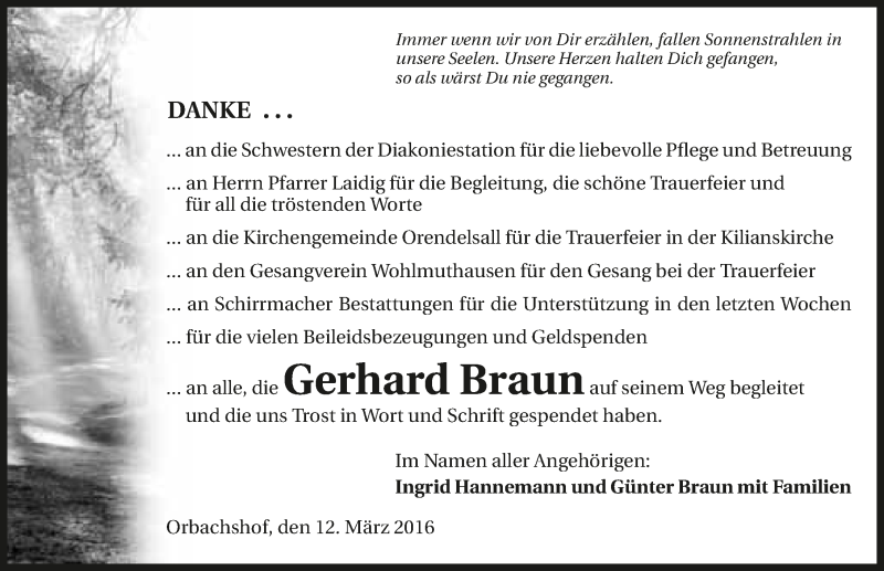  Traueranzeige für Gerhard Braun vom 12.03.2016 aus 