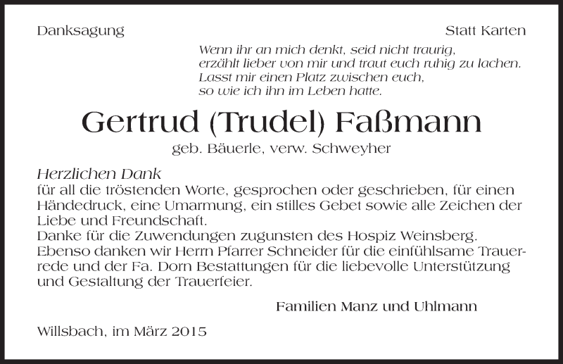  Traueranzeige für Gertrud Fassmann vom 09.03.2015 aus 