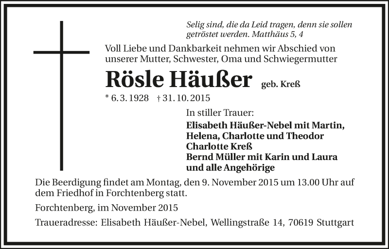  Traueranzeige für Rösle Häußer vom 04.11.2015 aus 