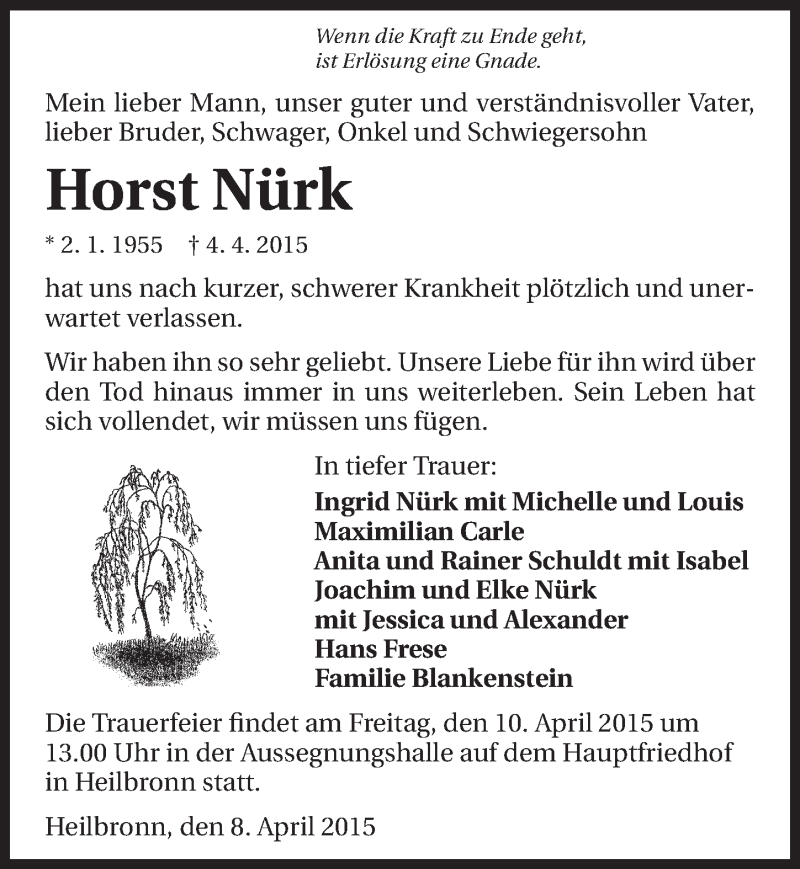  Traueranzeige für Horst Nürk vom 08.04.2015 aus 