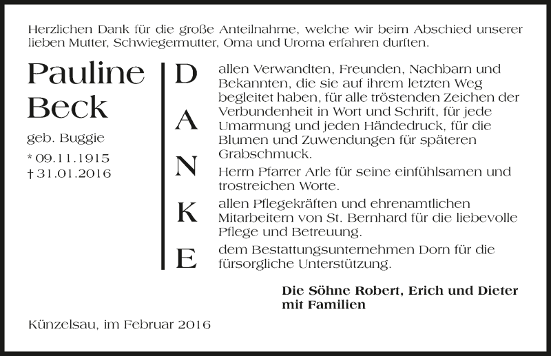  Traueranzeige für Pauline Beck vom 27.02.2016 aus 