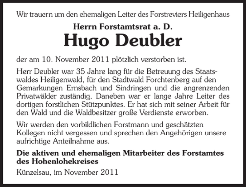  Traueranzeige für Hugo Deubler vom 15.11.2011 aus 