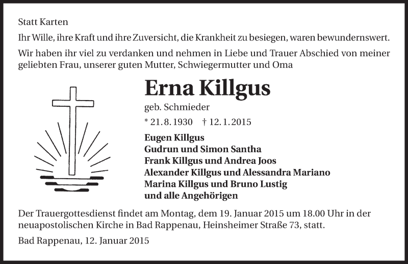  Traueranzeige für Erna Killgus vom 14.01.2015 aus 