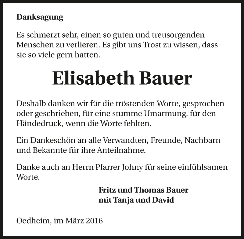  Traueranzeige für Elisabeth Bauer vom 09.03.2016 aus 
