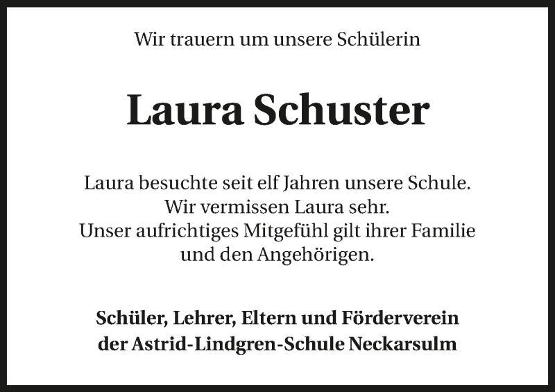  Traueranzeige für Laura Schuster vom 14.12.2015 aus 
