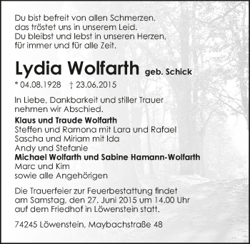 Traueranzeige von Lydia Wolfarth 