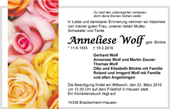 Traueranzeige von Anneliese Wolf 