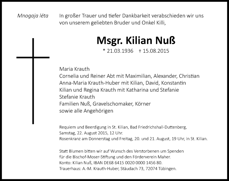  Traueranzeige für Kilian Nuß vom 19.08.2015 aus 