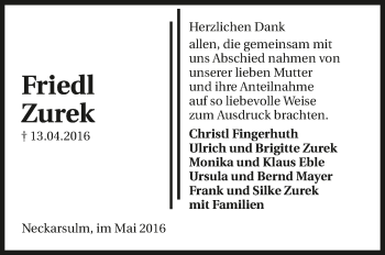 Traueranzeige von Friedl Zurek 