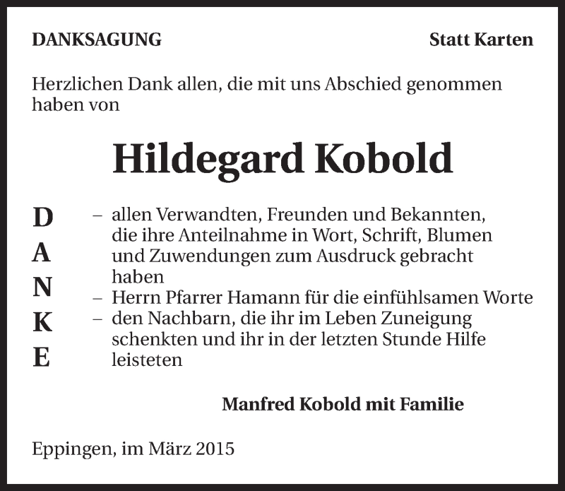  Traueranzeige für Hildegard Kobold vom 26.03.2015 aus 