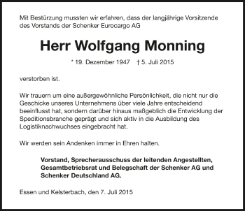 Traueranzeige von Wolfgang Monning 