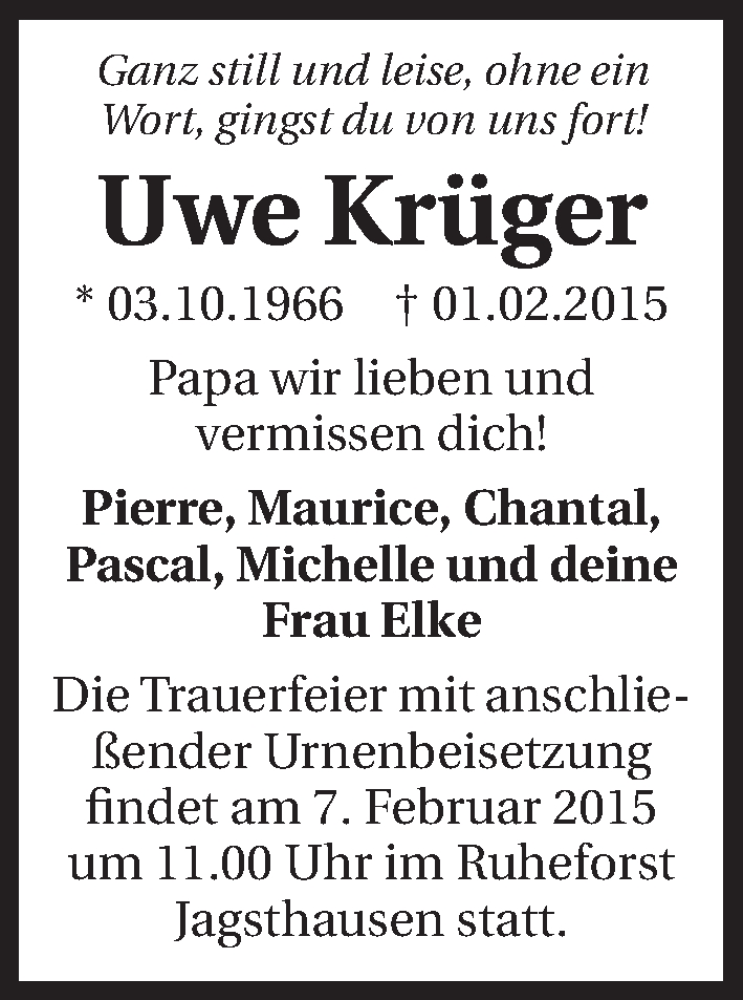  Traueranzeige für Uwe Krüger vom 05.02.2015 aus 