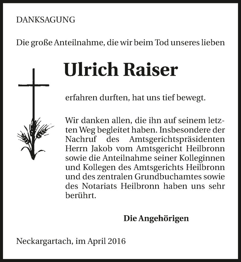  Traueranzeige für Ulrich Raiser vom 26.04.2016 aus 