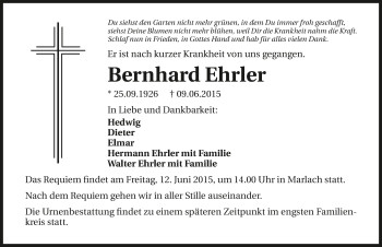Traueranzeige von Bernhard Ehrler 