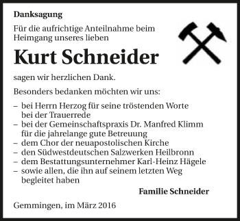 Traueranzeige von Kurt Schneider 