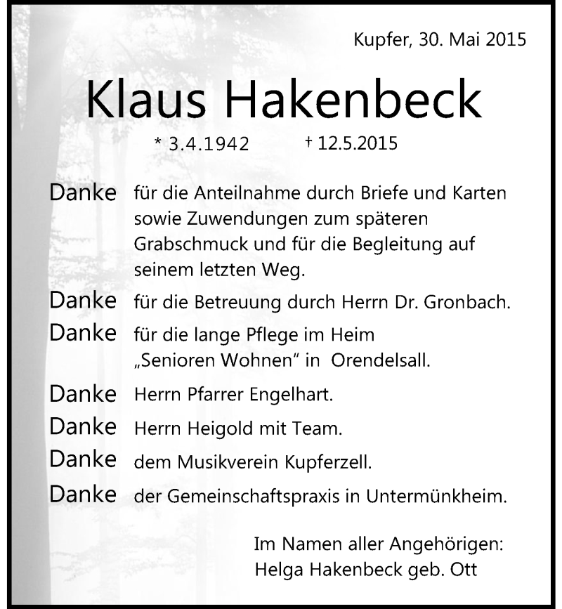  Traueranzeige für Klaus Hakenbeck vom 30.05.2015 aus 