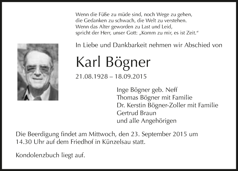  Traueranzeige für Karl Bögner vom 21.09.2015 aus 