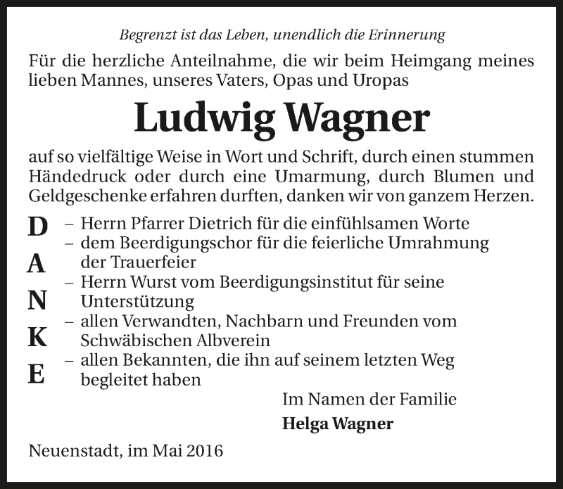  Traueranzeige für Ludwig Wagner vom 14.05.2016 aus 
