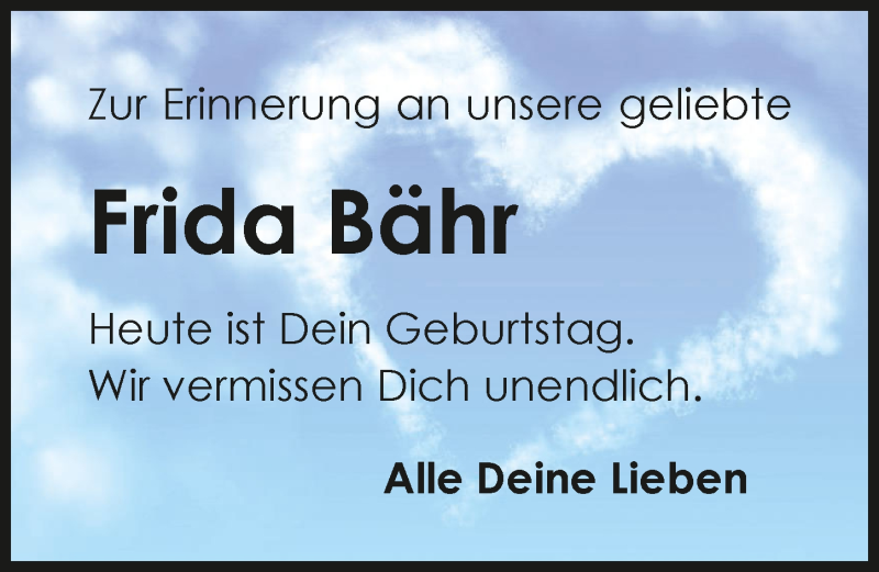  Traueranzeige für Frida Bähr vom 27.05.2015 aus 
