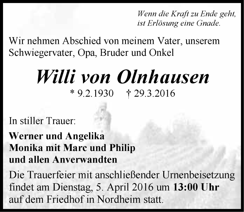  Traueranzeige für Willi von Olnhausen vom 02.04.2016 aus 