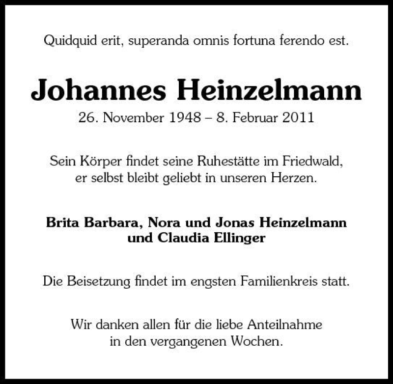  Traueranzeige für Johannes Heinzelmann vom 12.02.2011 aus 