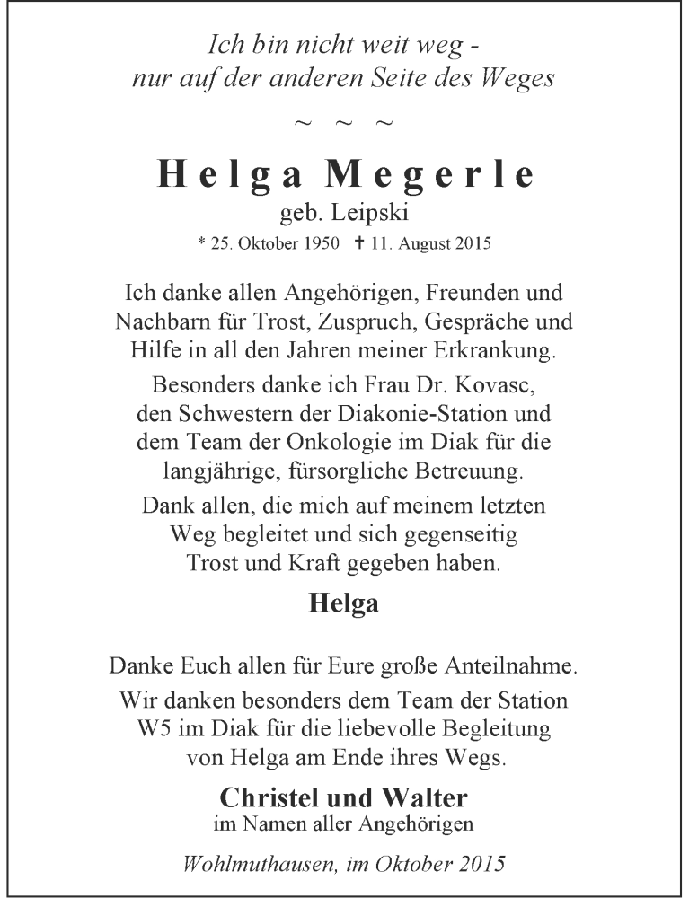  Traueranzeige für Helga Megerle vom 31.10.2015 aus 