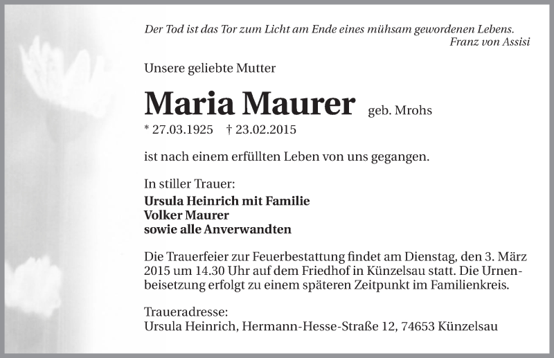  Traueranzeige für Maria Maurer vom 27.02.2015 aus 