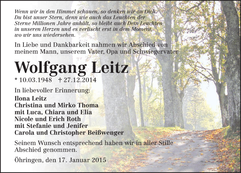  Traueranzeige für Wolfgang Leitz vom 17.01.2015 aus 