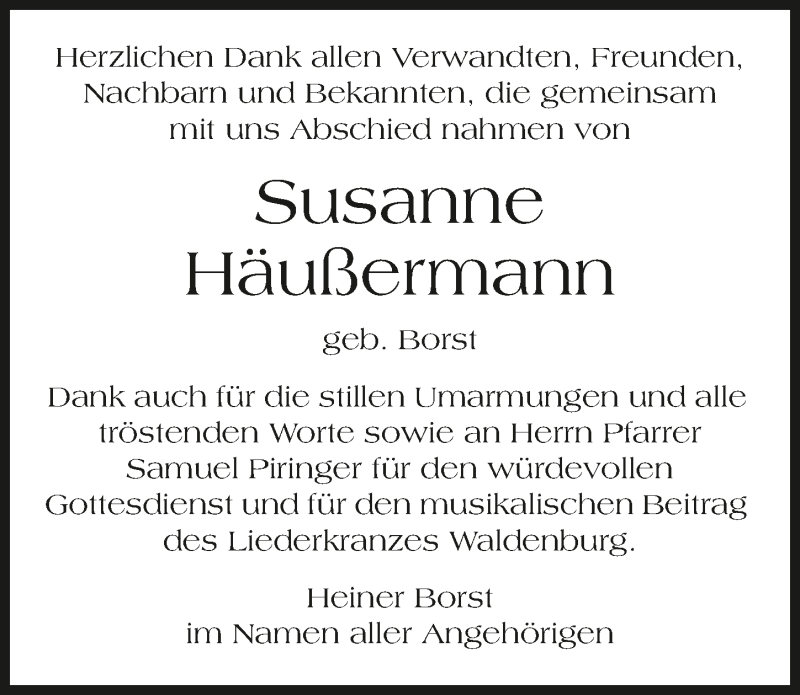  Traueranzeige für Susanne Häußermann vom 30.04.2016 aus 