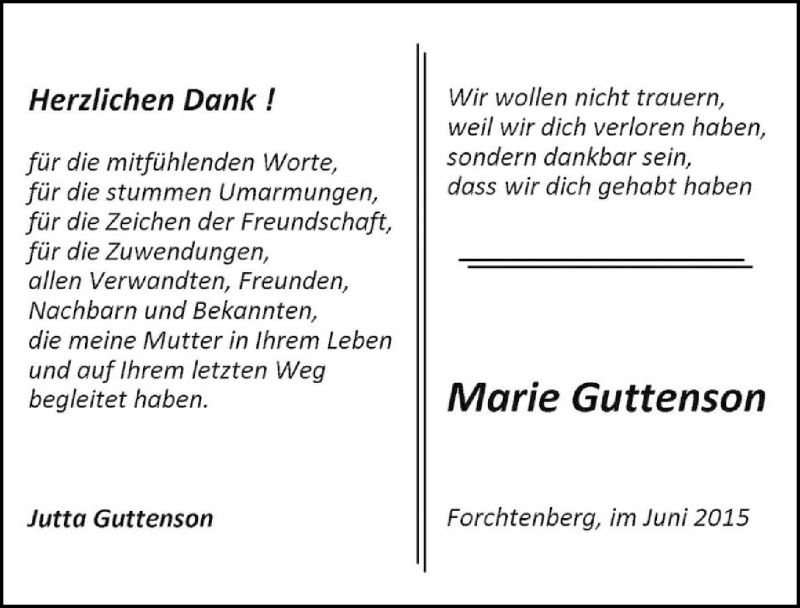  Traueranzeige für Marie Guttenson vom 06.06.2015 aus 