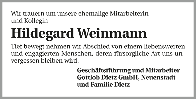  Traueranzeige für Hildegard Weinmann vom 21.04.2016 aus 