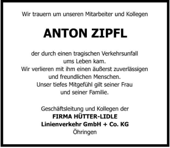 Traueranzeige von Anton Zipfl 