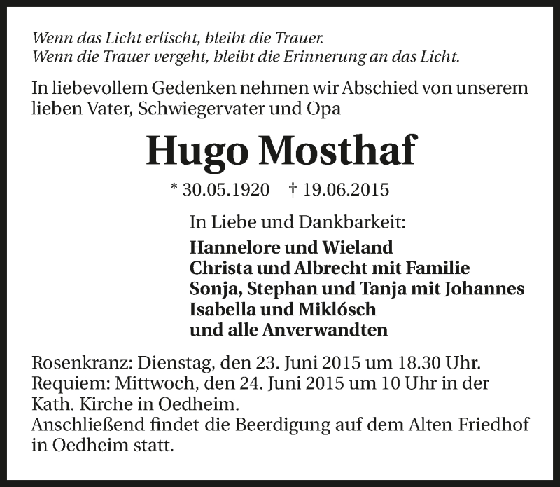  Traueranzeige für Hugo Mosthaf vom 22.06.2015 aus 