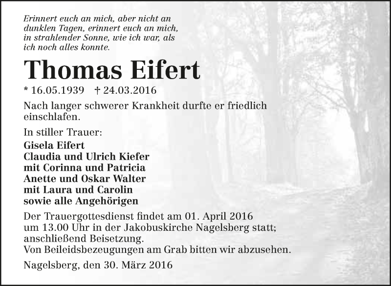  Traueranzeige für Thomas Eifert vom 30.03.2016 aus 