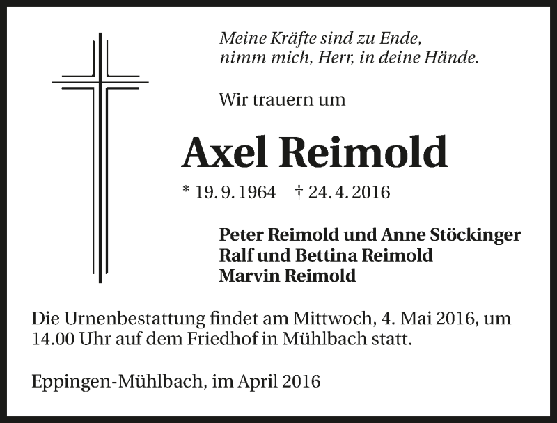  Traueranzeige für Axel Reimold vom 30.04.2016 aus 