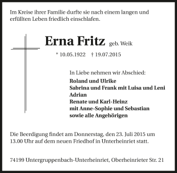 Traueranzeige von Erna Fritz 