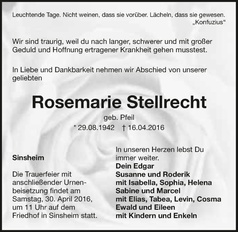  Traueranzeige für Rosemarie Stellrecht vom 23.04.2016 aus 