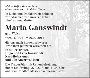 Traueranzeige von Maria Ganswindt 