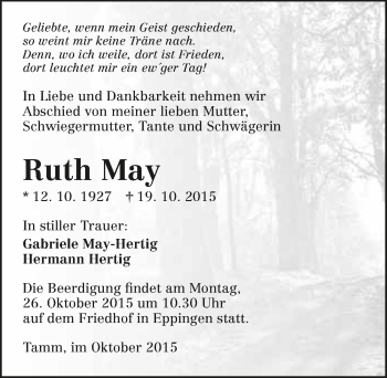 Traueranzeige von Ruth May 
