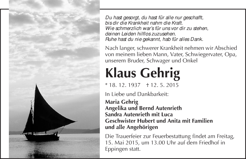  Traueranzeige für Klaus Gehrig vom 13.05.2015 aus 