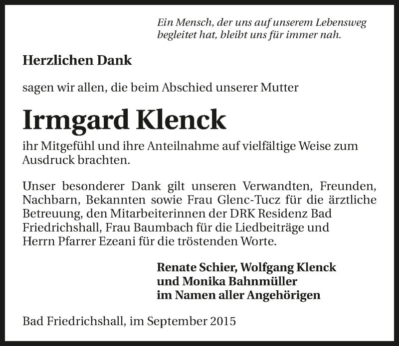  Traueranzeige für Irmgard Klenck vom 03.09.2015 aus 